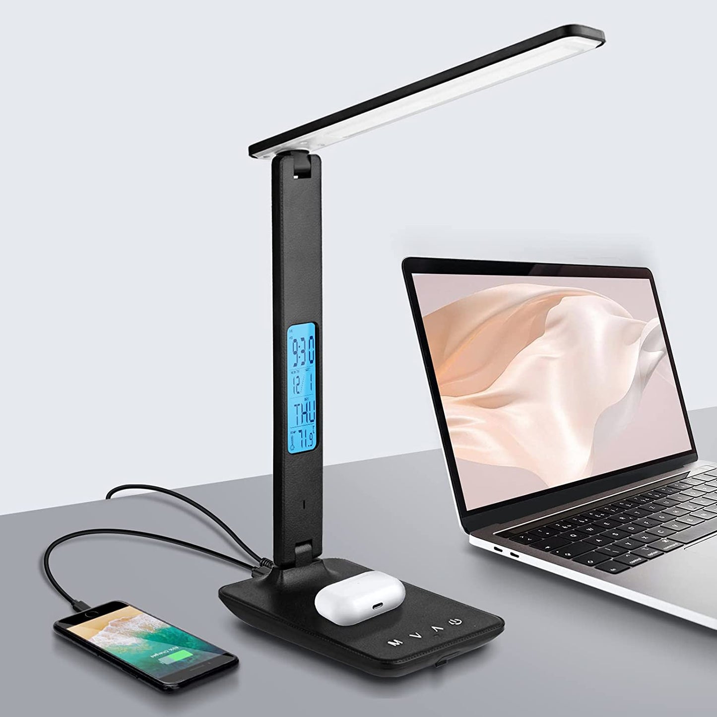 LAOPAO LED Desk Lamp with Wireless Charger, USB Charging Port, Adjustable & Foldable​ with Clock, Alarm, Date, Temperature, 5-Level Dimmable ​Lighting​, for Office with Adapter