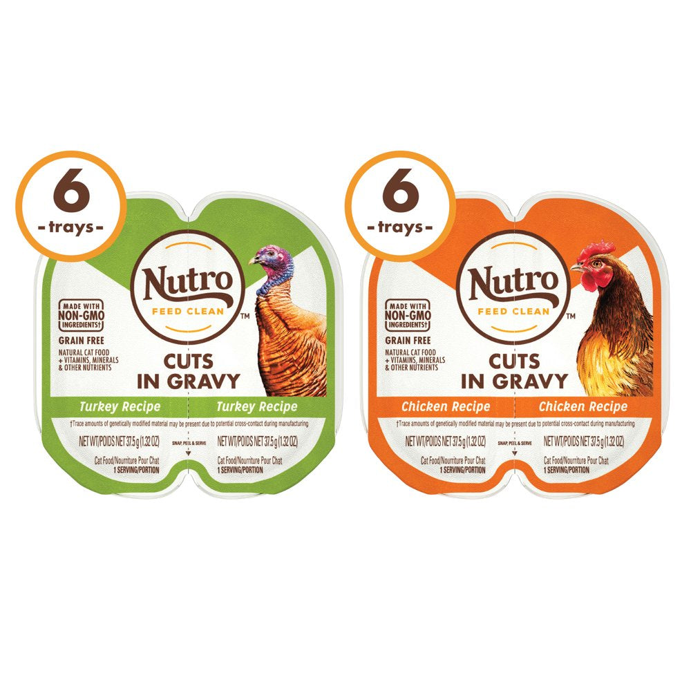 NUTRO Grain Free Natural Wet Cat Food Cuts in Gravy Turkey Recipe and Chicken Recipe Variety Pack, (12) 2.64 Oz. PERFECT PORTIONS Twin-Pack Trays
