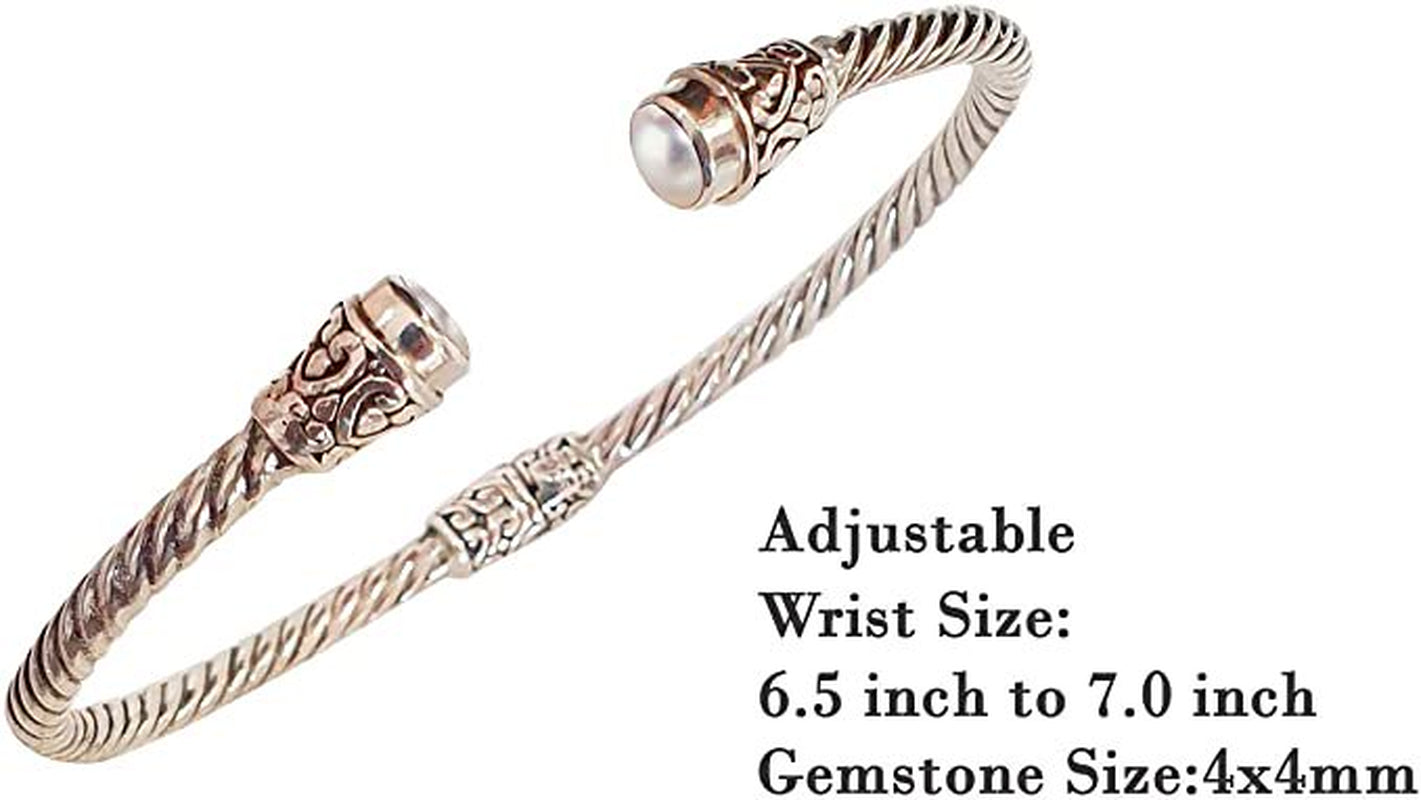 Pearl Gemstone Real 925 Sterling Silver Ethnic Tribal Gypsy Bohemian Design Engraving Cuff Bracelet for Women, Handmade Fashion Designer Bangle Bracelet, Party Boho Jewelry