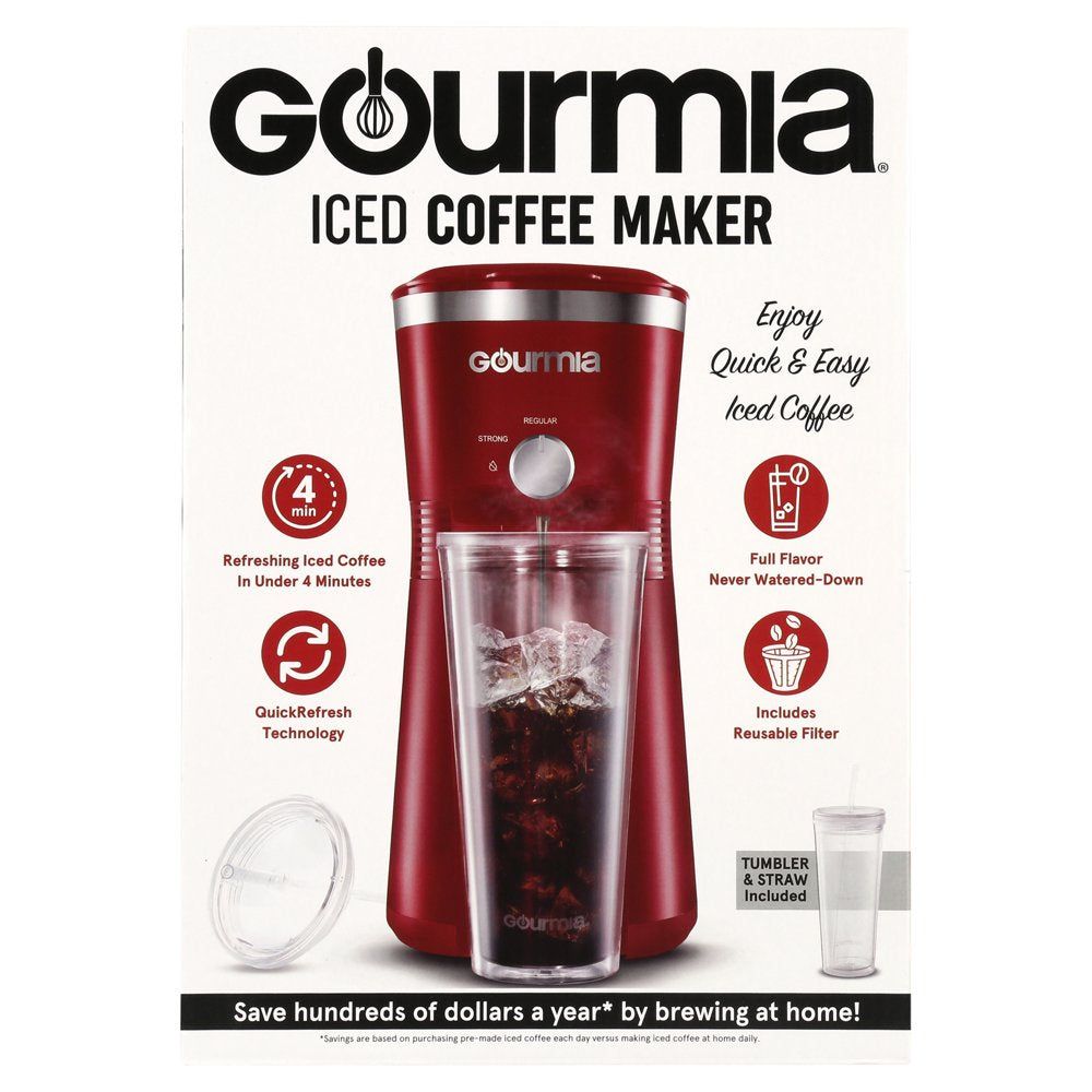 Gourmia Iced Coffee Maker with 25 Fl Oz. Reusable Tumbler, Red