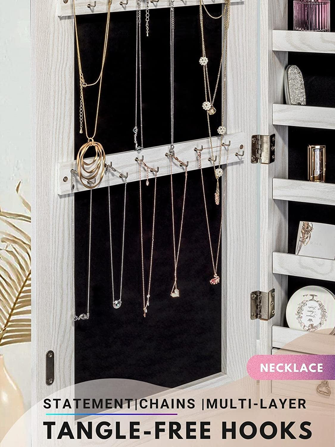 YOKUKINA Jewelry Mirror Cabinet, Large Storage Organizer W/ LED Light, Door-Hanging/ Wall-Mounted Lockable Armoire (Ivory)