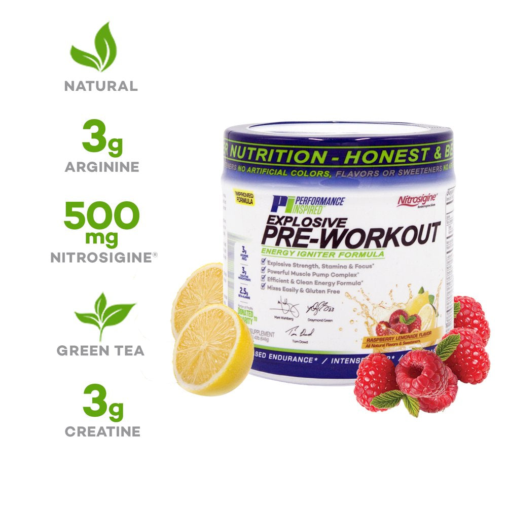 Performance Inspired Nutrition Pre-Workout Powder - All Natural - G-Free & Vegan Formula - Contains Citrulline - Nitrosigine - Green Tea - Arginine - Beta Alanine - Raspberry Lemonade - 32 Servings