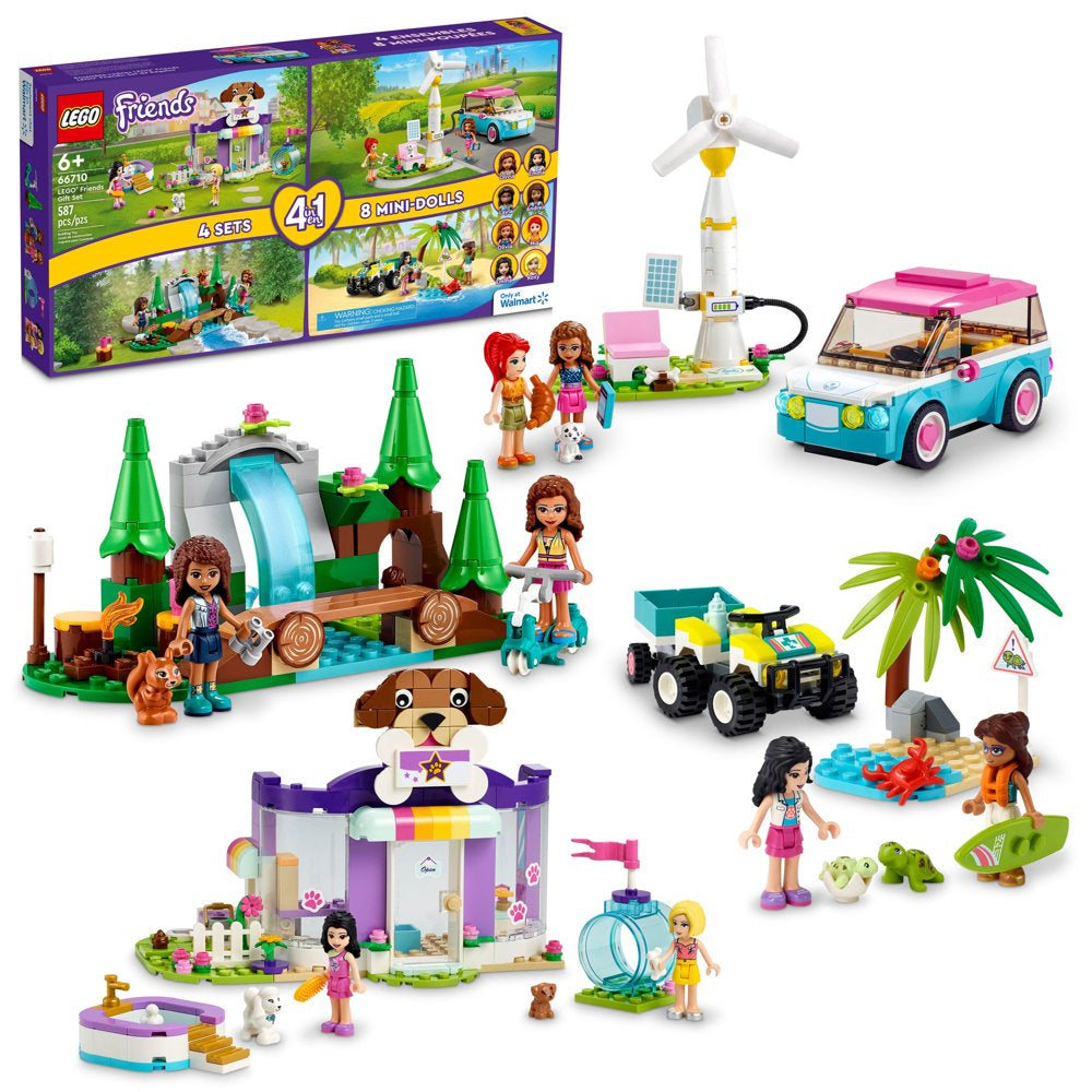 LEGO Friends 66710, 4-In-1 Building Toy Gift Set: Doggy Day Care, Turtle Protection Vehicle, Forest Waterfall and Olivia'S Electric Car
