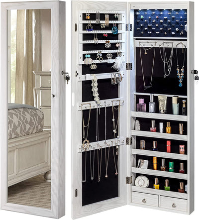 YOKUKINA Jewelry Mirror Cabinet, Large Storage Organizer W/ LED Light, Door-Hanging/ Wall-Mounted Lockable Armoire (Ivory)