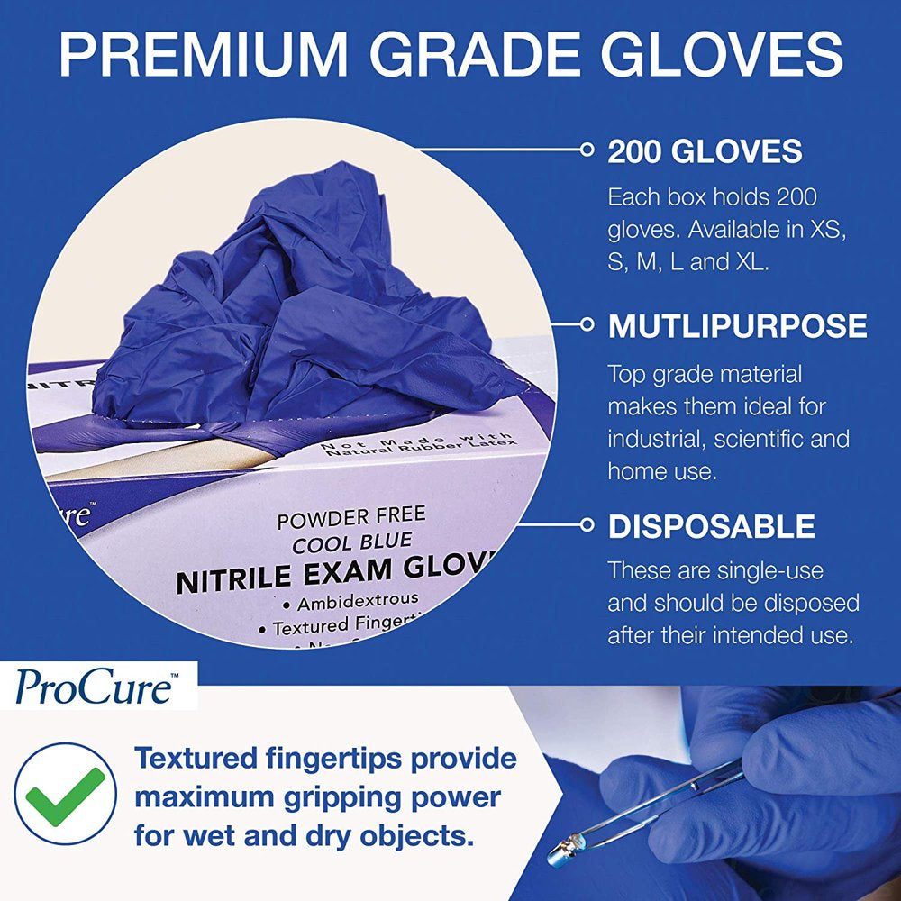 Procure Disposable Nitrile Gloves - 200 Count - Powder Free, Rubber Latex Free, Medical Exam Grade