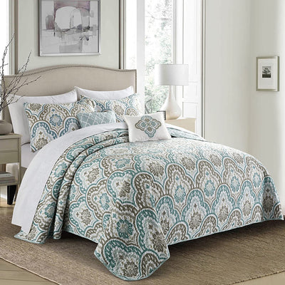 Home Soft Things Tivoli Ikat Queen Size 90" X 90" 5 Piece Teal Aqua Printed Prewashed Quilted Coverlet Bedspread Bed Cover Set for All Season, Lightweight Quilt Blanket with Matching Shams Pillows