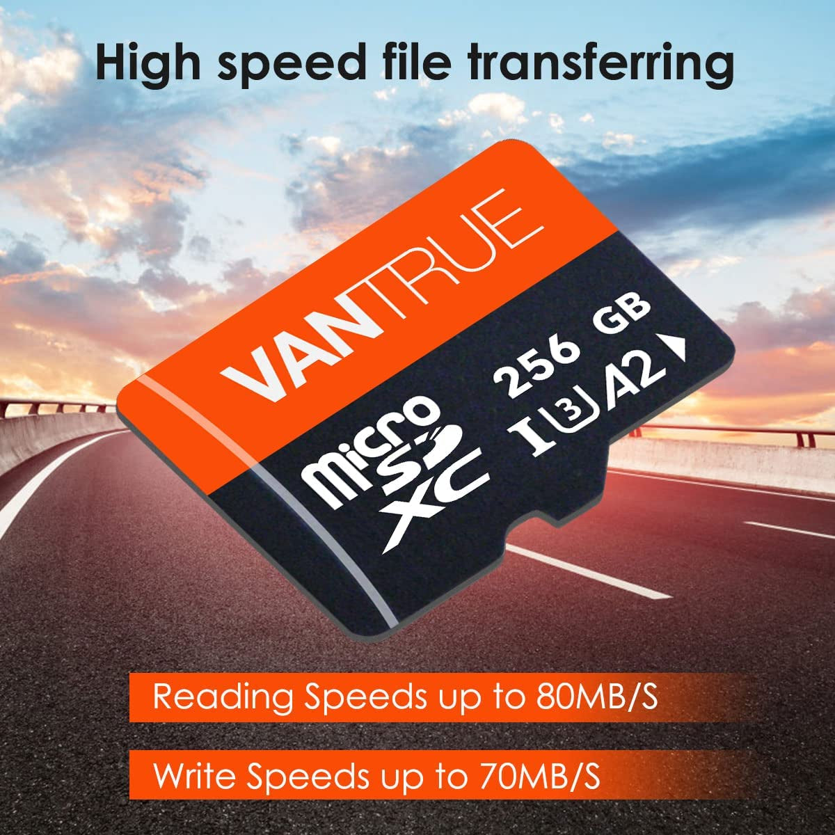 Vantrue 256GB Microsdxc UHS-I U3 4K UHD Video High Speed Transfer Monitoring SD Card with Adapter for Dash Cams, Body Cams, Action Camera, Surveillance & Security Cams