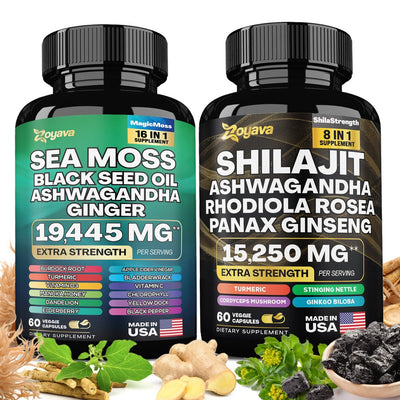 Sea Moss Capsules 16-In-1 19,445 MG (60 Caps) and Shilajit 8-In-1 15,250 MG (60 Caps) Dynamic Vitality Bundle, Ashwagandha, Turmeric, Bladderwrack, Panax Ginseng, Rhodiola Rosea, 24 Ingredients