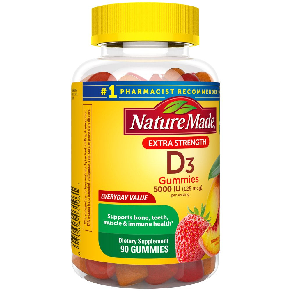 Nature Made Extra Strength Vitamin D3 5000 IU (125 Mcg) per Serving Gummies, Dietary Supplement, 90 Count