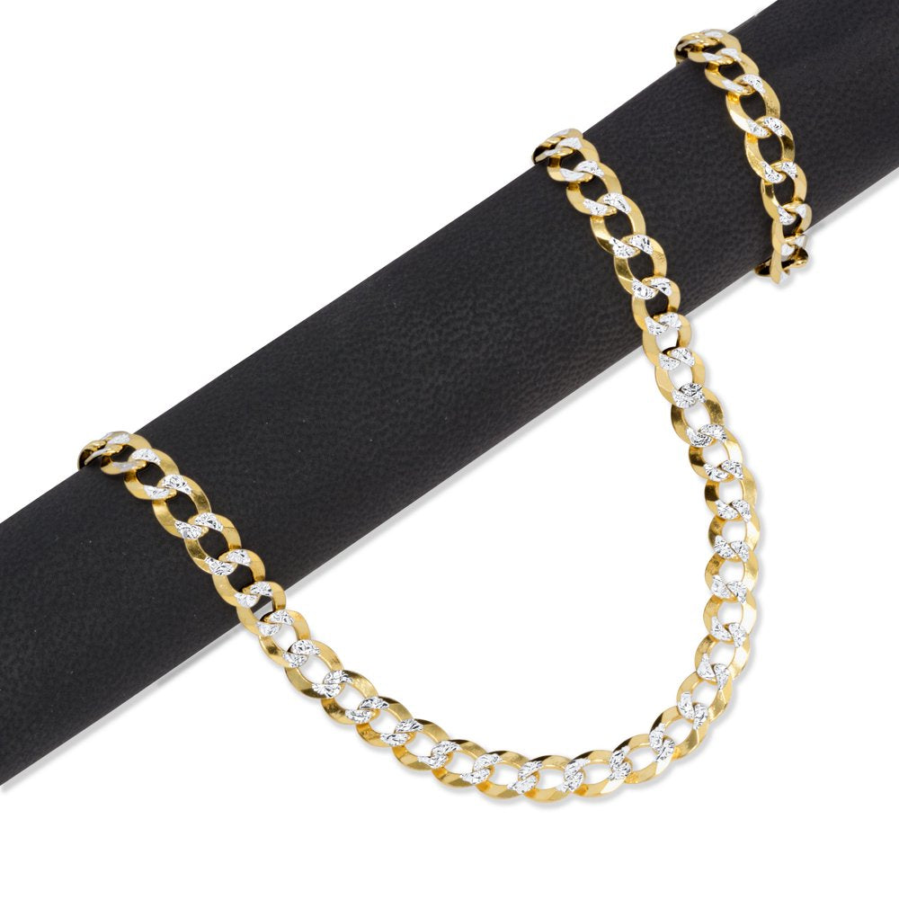 Nuragold 14K Yellow Gold Solid 7Mm Cuban Chain Curb Link Diamond Cut Pave Two Tone Bracelet, Mens Jewelry Lobster Clasp 7" 7.5" 8" 8.5" 9"