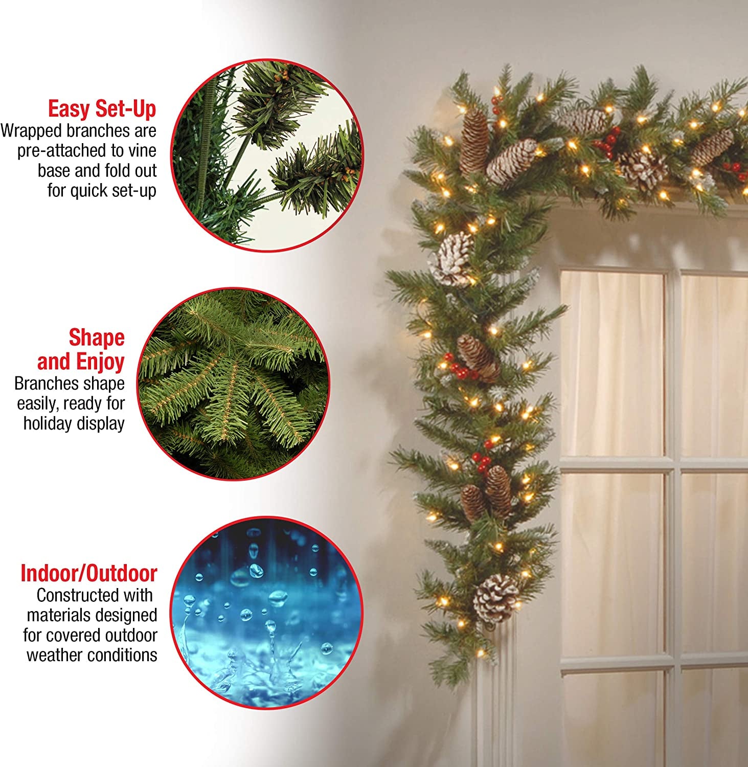 National Tree Company Pre-Lit Artificial Christmas Garland, Green, Frosted Berry, White Lights, Decorated with Pine Cones, Berry Clusters, Plug In, Christmas Collection, 9 Feet