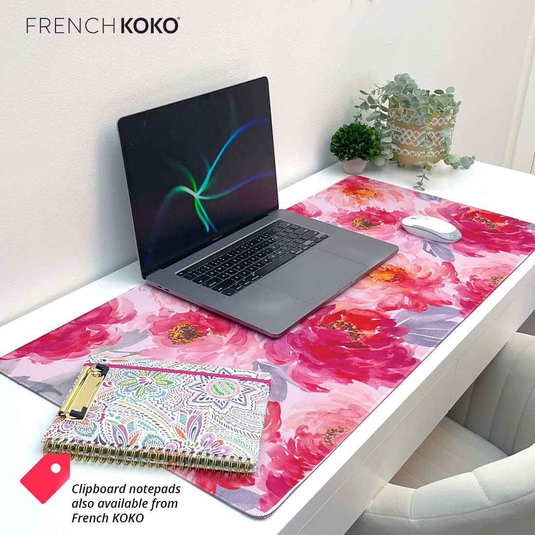 French KOKO Large Mouse Pad Big Desk Mat Extended Desk Pad Keyboard Gaming Mousepad Cute Office Decor Women Girls Computer Accessories College Essentials Work Home Office Supplies XL Pink Flowers