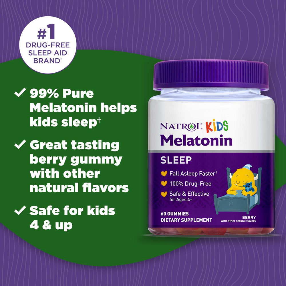 Natrol® Kids Melatonin Sleep Aid Gummies, Ages 4 and Up, Drug-Free, Berry, 1Mg, 60 Count