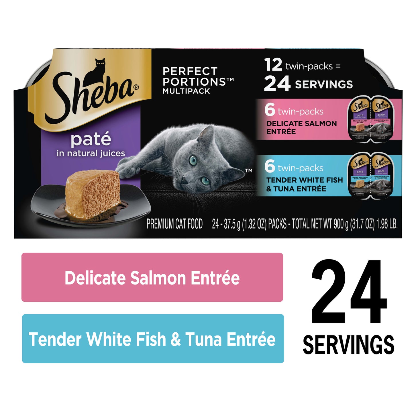 SHEBA Wet Cat Food Pate Variety Pack, Delicate Salmon and Tender Whitefish & Tuna Entrees, 2.6 Oz. PERFECT PORTIONS Twin Pack Trays