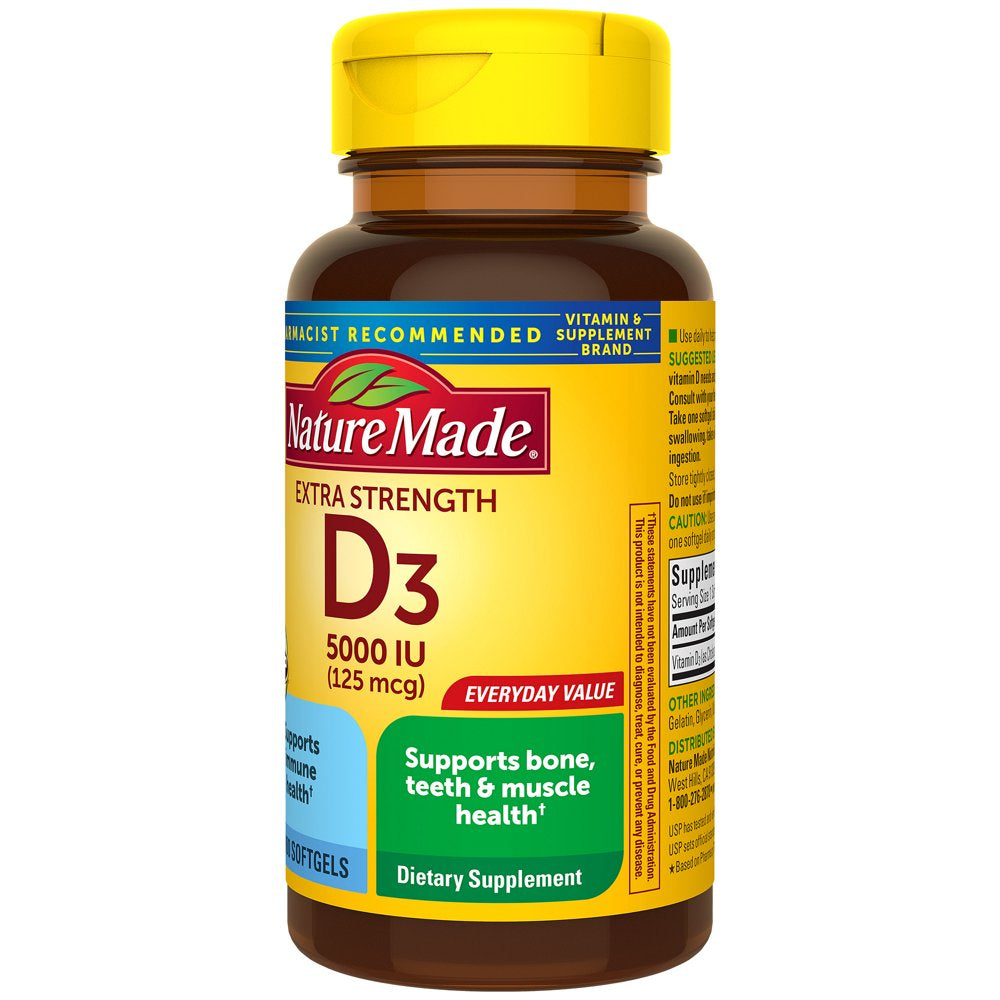 Nature Made Extra Strength Vitamin D3 5000 IU (125 Mcg) Softgels, Dietary Supplement for Bone and Immune Health Support, 100 Count