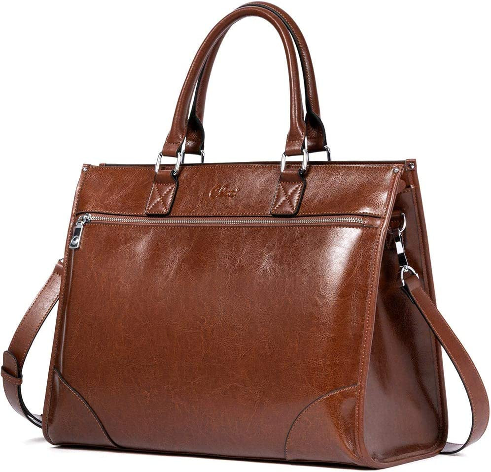 CLUCI Womens Briefcase Oil Wax Leather 15.6 Inch Laptop Business Vintage Ladies Large Capacity Shoulder Bag Brown