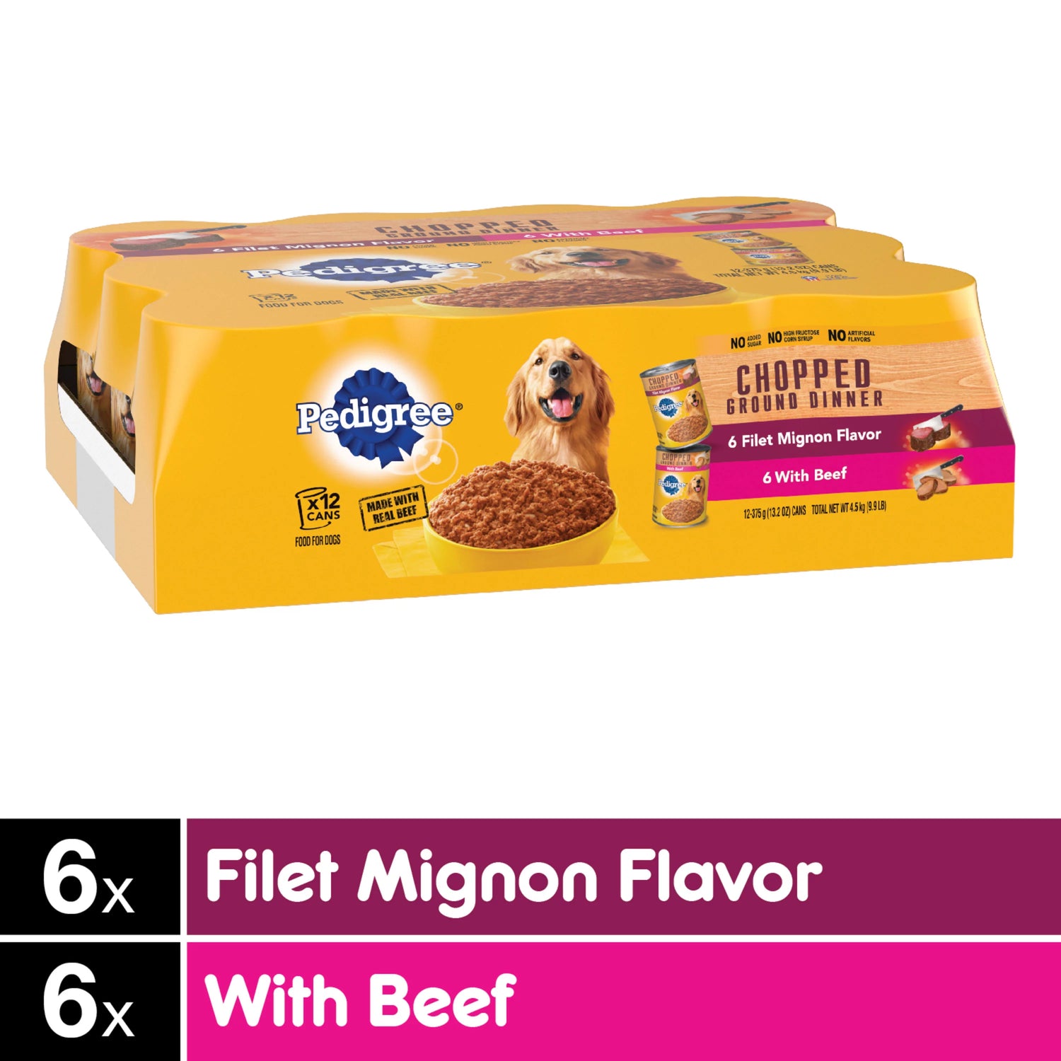 PEDIGREE CHOPPED GROUND DINNER Adult Canned Soft Wet Dog Food, Variety Pack, Filet Mignon Flavor and with Beef, (12) 13.2 Oz. Cans