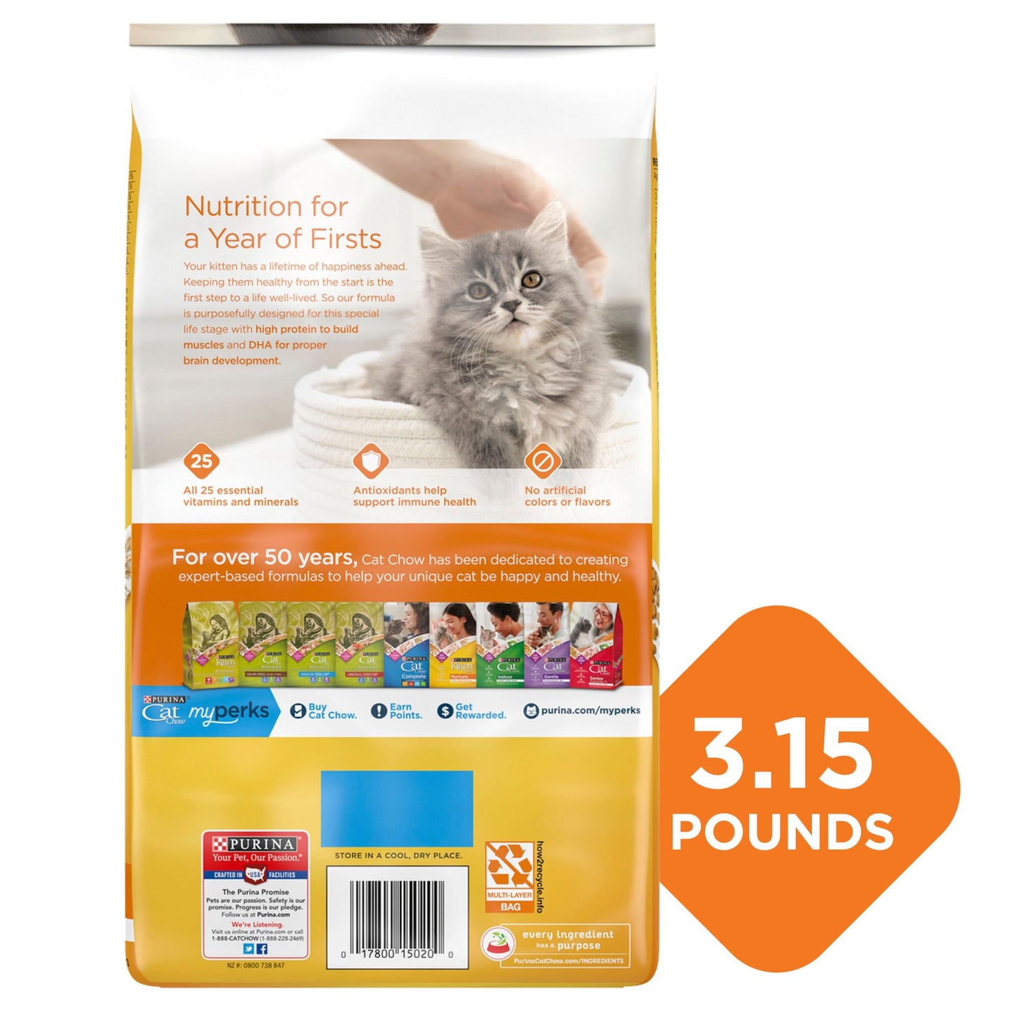 Purina Kitten Chow Dry Kitten Food, Nurture Muscle + Brain Development, 3.15 Lb. Bag