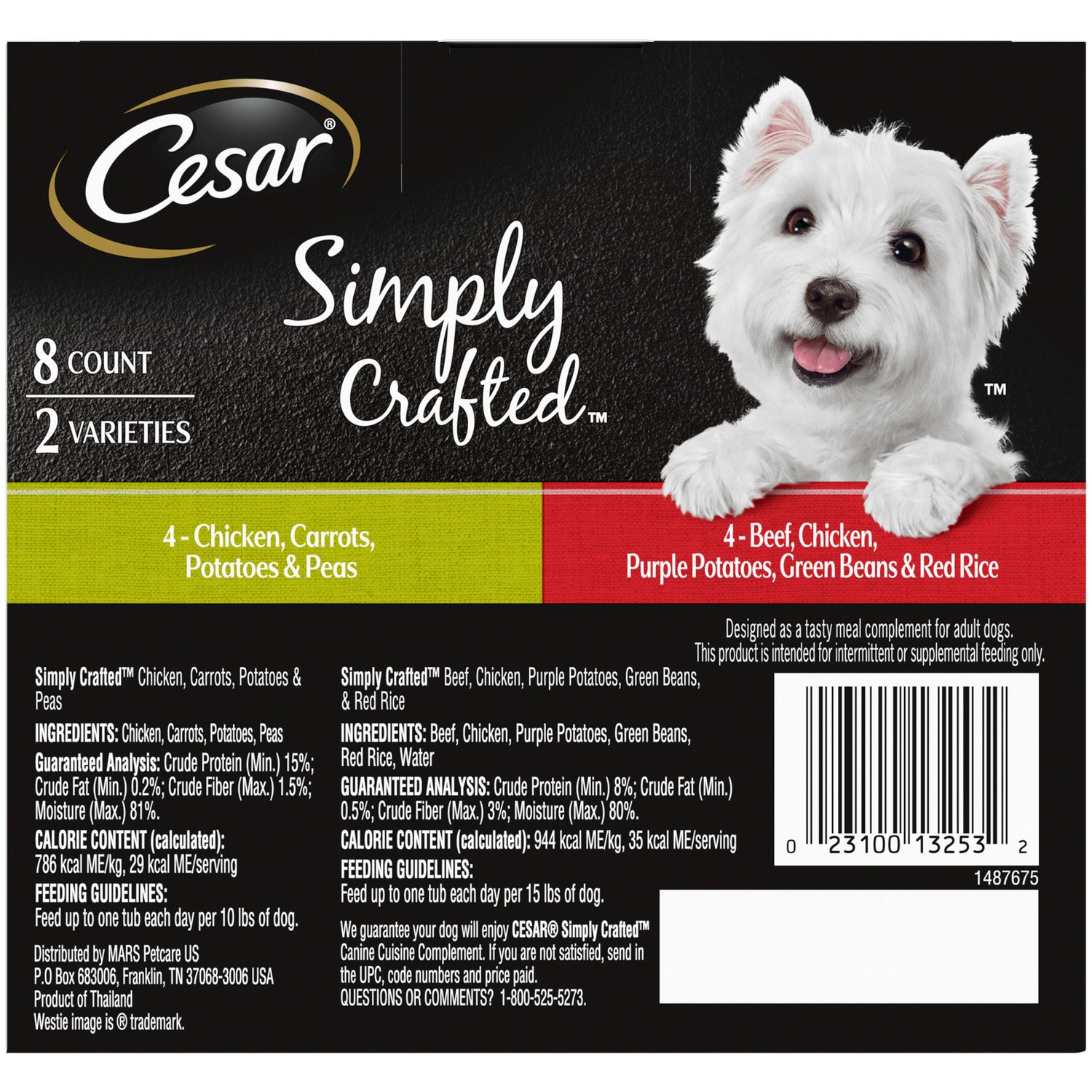 CESAR Simply Crafted Chicken & Beef Wet Dog Food Variety Pack, (8 Pack) 1.3 Oz. Tubs