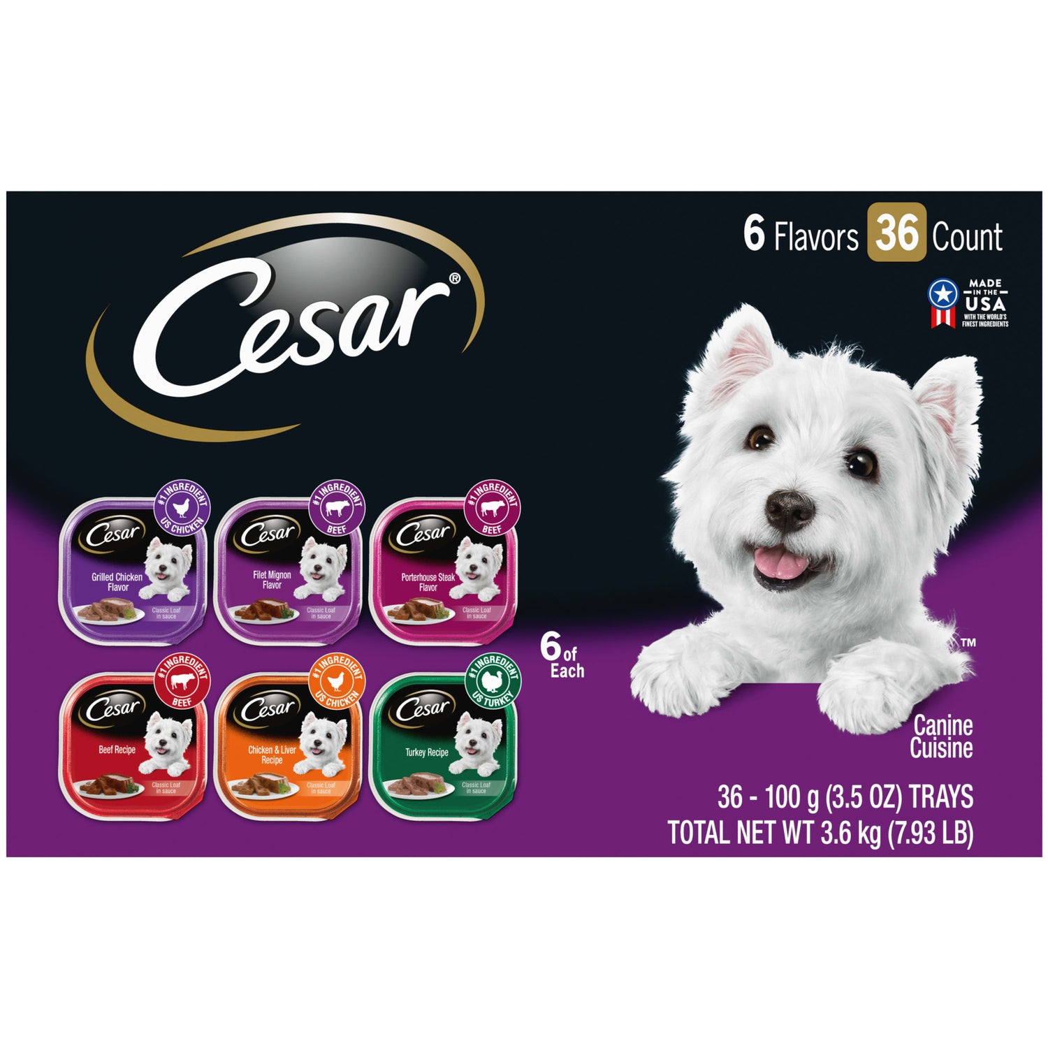 CESAR Soft Wet Dog Food Classic Loaf in Sauce Grilled Chicken, Filet Mignon, Porterhouse Steak, Beef, Chicken & Liver and Turkey Variety Pack (36) 3.5 Oz. Easy Peel Trays