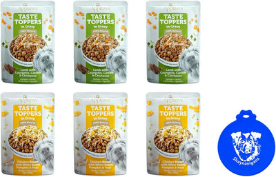 Applaws Taste Toppers Wet Dog Food in Gravy in 2 Flavors: (3) Chicken Breast with White Beans, Pumpkin & Peas and (3) Lamb with Zucchini, Carrot & Chickpeas (6 Pouches Total, 3 Oz Each) + Silicone Lid