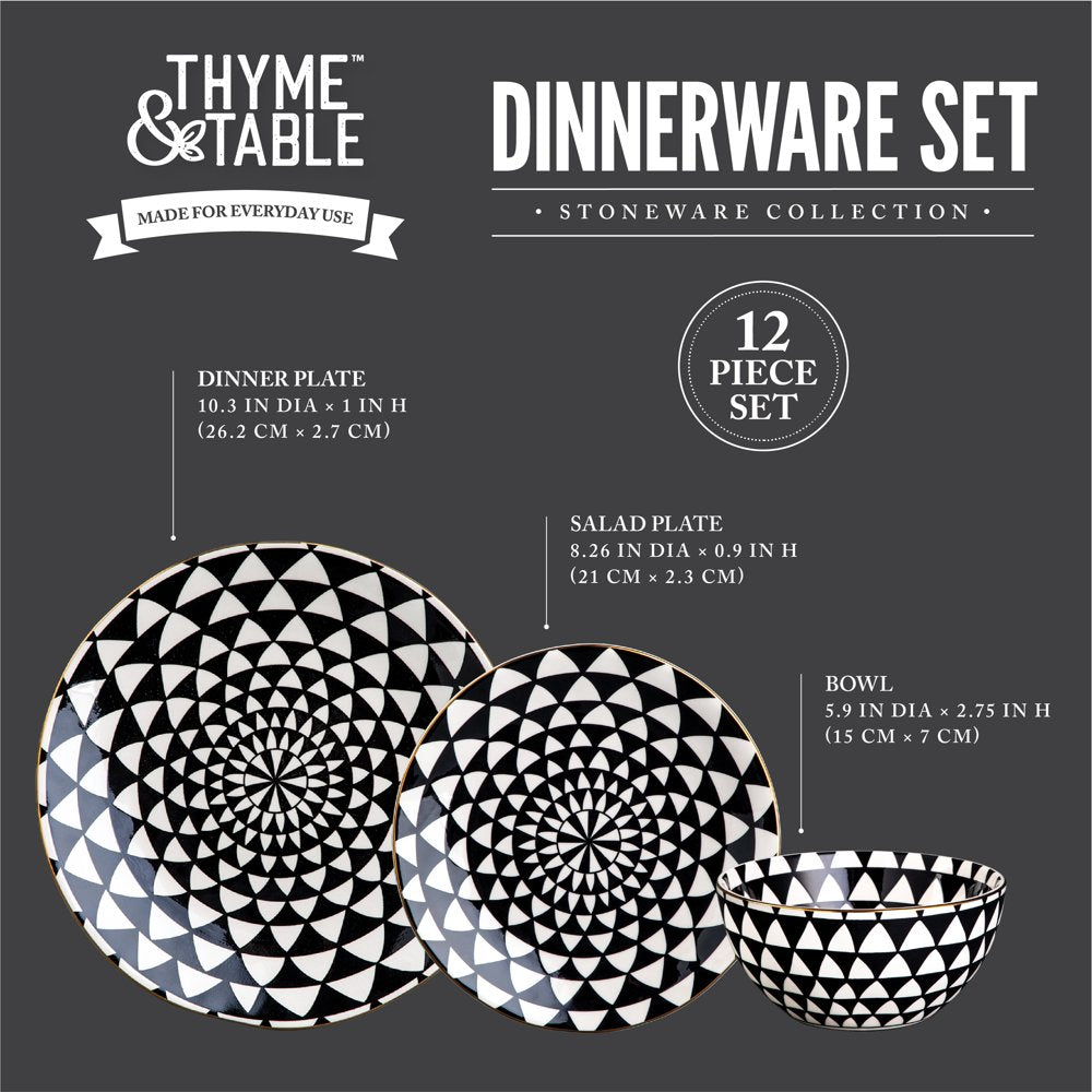 Thyme & Table Dinnerware Black & White Medallion Stoneware, 12 Piece Set