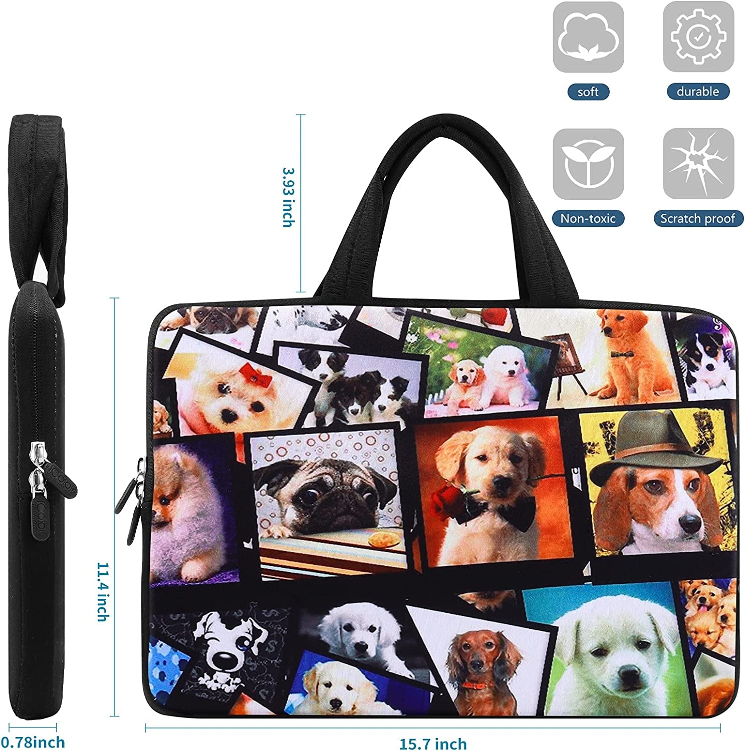 ICOLOR 14 15 15.4 15.6 Inch Laptop Handle Bag Computer Protect Case Pouch Holder Notebook Sleeve Neoprene Cover Soft Carring Travel Case Laptop Tote Bag Puppy ICB-08