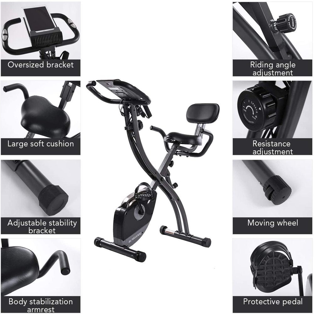Maxkare Exercise Bike Exercise Equipment Folding Magnetic Stationary Bike Upright Recumbent Exercise Bike with Arm Resistance Bands Perfect for Home Use Indoor Outdoor