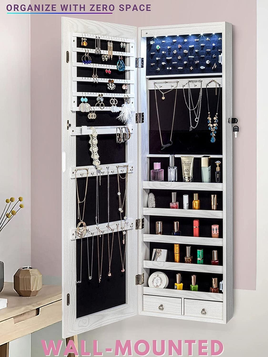 YOKUKINA Jewelry Mirror Cabinet, Large Storage Organizer W/ LED Light, Door-Hanging/ Wall-Mounted Lockable Armoire (Ivory)