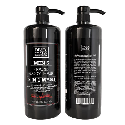 Dead Sea Collection 3 in 1 Mens Body Wash with Sandalwood Oil, for All Skin Type, Pack of 2 Bottles, 33,8 Fl. Oz. Each