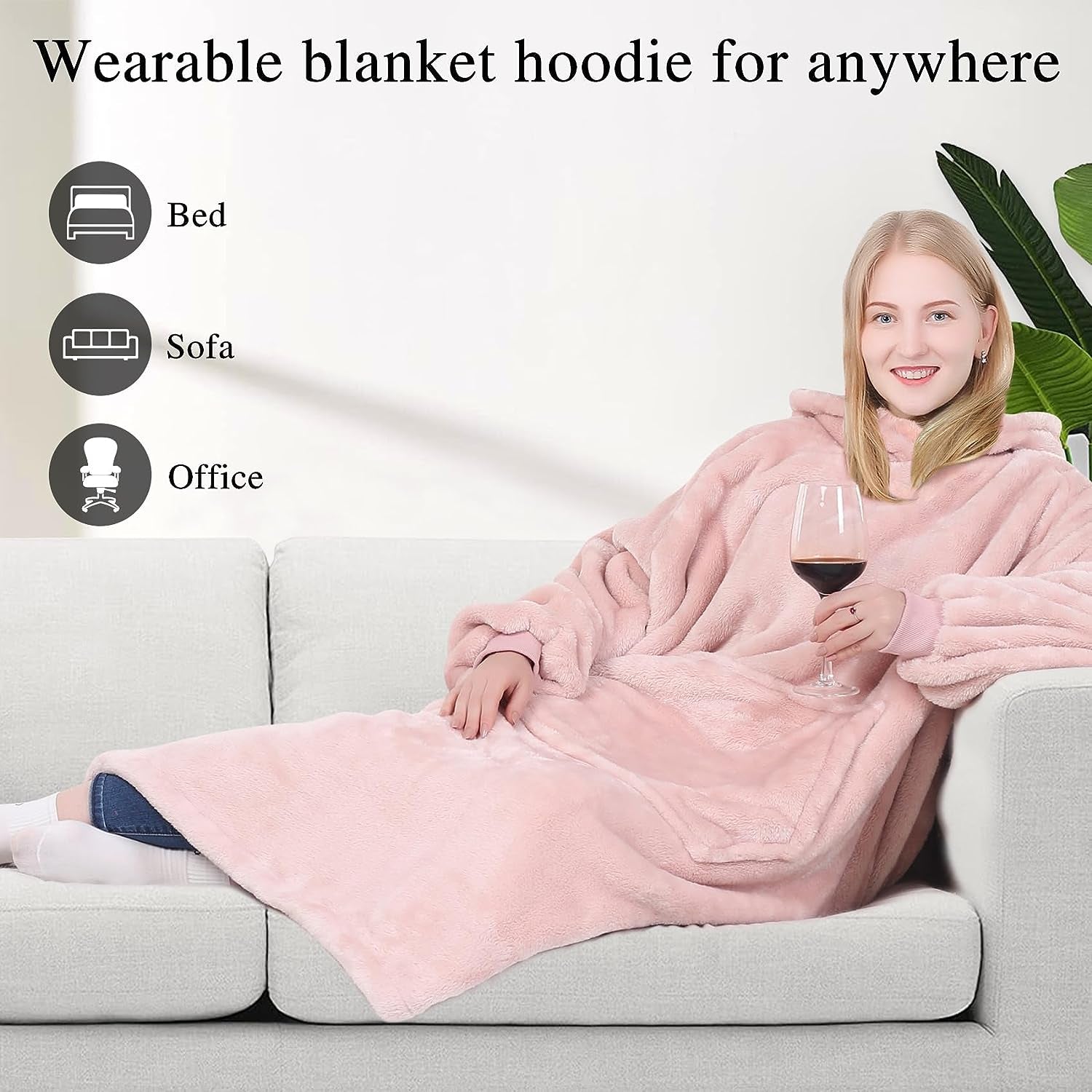 KPBLIS Wearable Blanket Hoodie for Women and Men, Oversized Wearable Hoody Blanket Sweatshirt, Warm and Cozy Giant Wearable Fleece Blanket with Sleeves and Giant Pocket for Adults and Kids, Pink