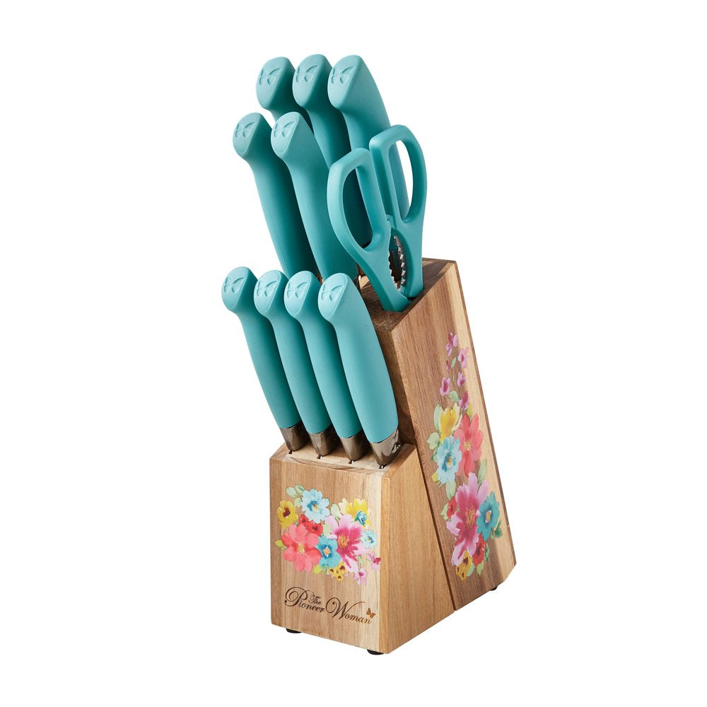 The Pioneer Woman Breezy Blossoms 11-Piece Stainless Steel Knife Block Set, Teal