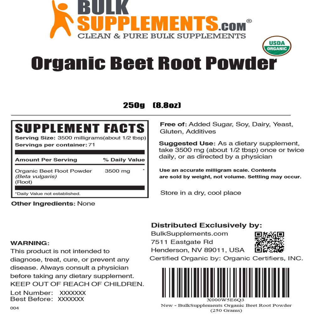 Bulksupplements.Com Organic Beet Root Powder, 3500Mg - Superfood Supplement (250G - 71 Servings)