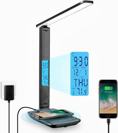 LAOPAO LED Desk Lamp with Wireless Charger, USB Charging Port, Adjustable & Foldable​ with Clock, Alarm, Date, Temperature, 5-Level Dimmable ​Lighting​, for Office with Adapter