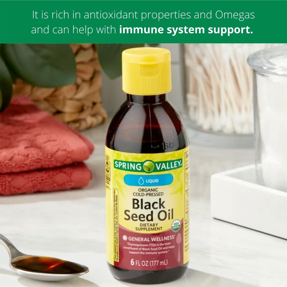Spring Valley Organic Cold-Pressed Black Seed Oil, Liquid Dietary Supplement, 6 Fl Oz