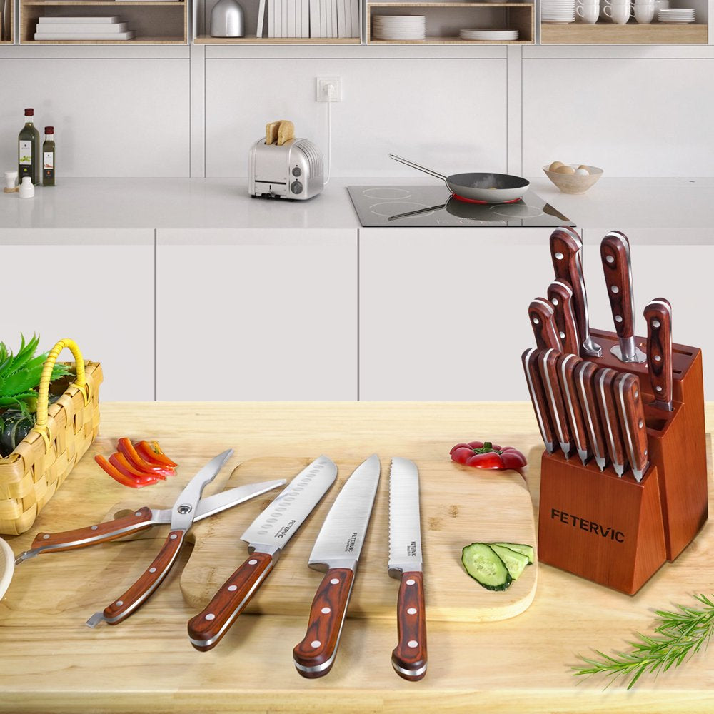 FETERVIC Knife Block Set, 16 Pieces Kitchen Knife Set with Block, Stainless Steel Knife Set for Best Gift, Home