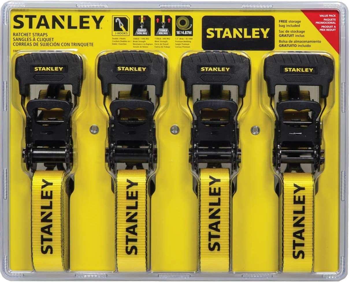 STANLEY S10074 Black/Yellow 1.5" X 16' Ratchet Tie down Straps - Heavy Cargo Securing (3,300 Lbs Break Strength), 4 Pack