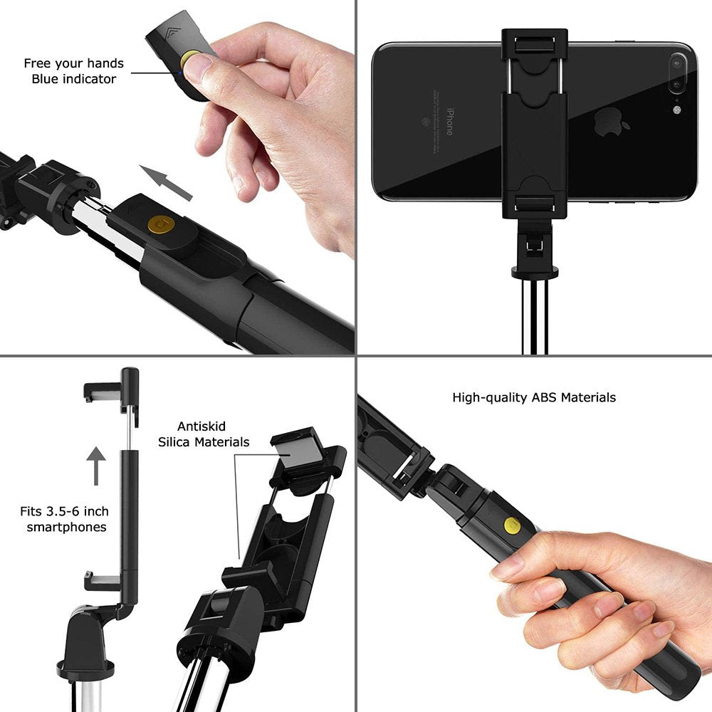 3 in 1 Extendable Selfie Stick Tripod with Detachable Bluetooth Wireless Remote Phone Holder Compatible with Iphone and Android Smartphone