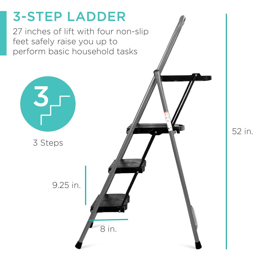 Best Choice Folding Steel 3-Step Stool Ladder Tool Equipment W/ Hand Grip, Wide Platform Steps, 330Lbs Capacity