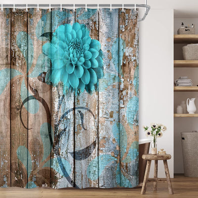 JAWO Rustic Flower Shower Curtain, Teal Floral Dahlia Barn Wood Farmhouse Shower Curtain Set, Country Turquoise Blue Brown Fabric Shower Curtain with Hooks, Boho Bathroom Curtain, 69X70Inch