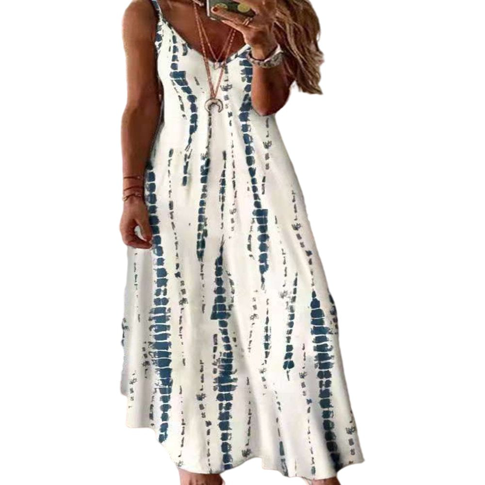 Lumento Beach Sun Dress for Womens Casual V Neck Loose Long Dress Tie Dye Flowy Pleated Dress Summer Holiday Maxi Dress