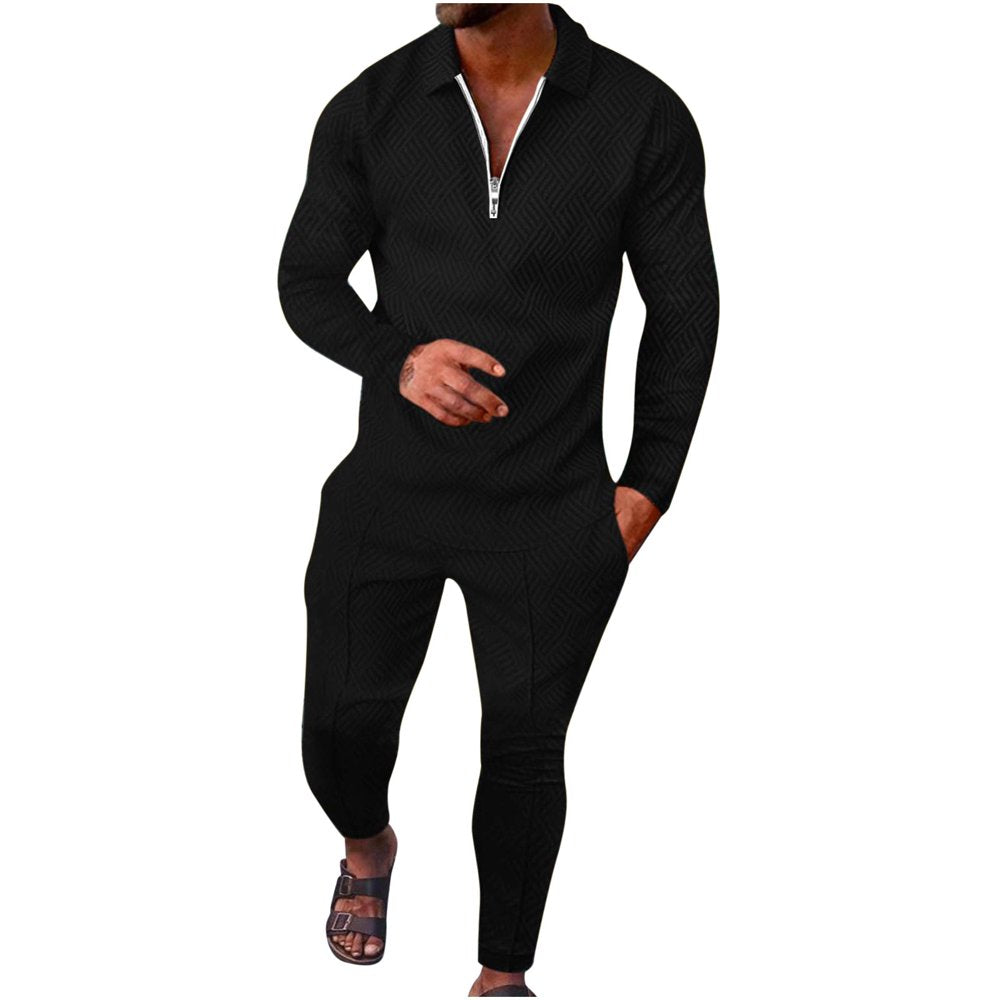 Jsaierl 2 Piece Outfits for Men,Mens Long Sleeve Casual Zip Polo Shirt and Pants Sets Two Piece Regular Fit Outfits Sweatsuits Tracksuits