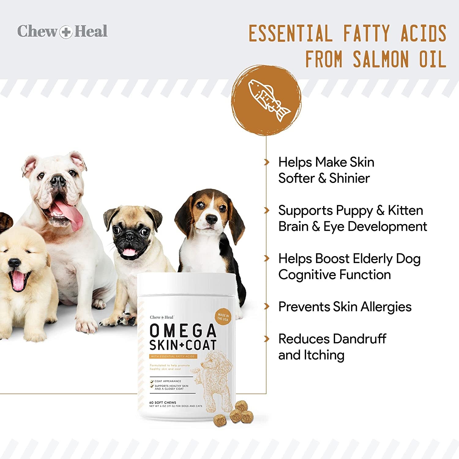 Chew + Heal Salmon Oil for Dogs - 60 Soft Chew Omega Treats for Skin and Coat - Fish Oil Blend of Essential Fatty Acids, Omega 3, 6, and 9, Vitamins, Antioxidants and Minerals - Made in USA
