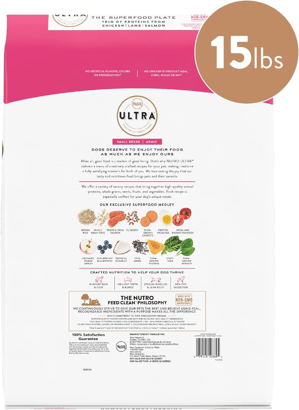 NUTRO ULTRA Adult Small Breed High Protein Natural Dry Dog Food with a Trio of Proteins from Chicken, Lamb and Salmon, 15 Lb. Bag