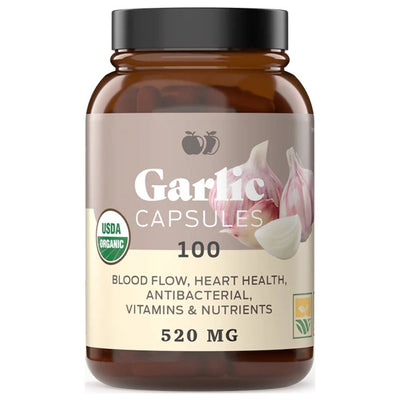 Organic Garlic Capsules - 520Mg Capsules 100 Count Vegetarian Pills Supplement, Odorless Garlic Powder Capsules & Extract