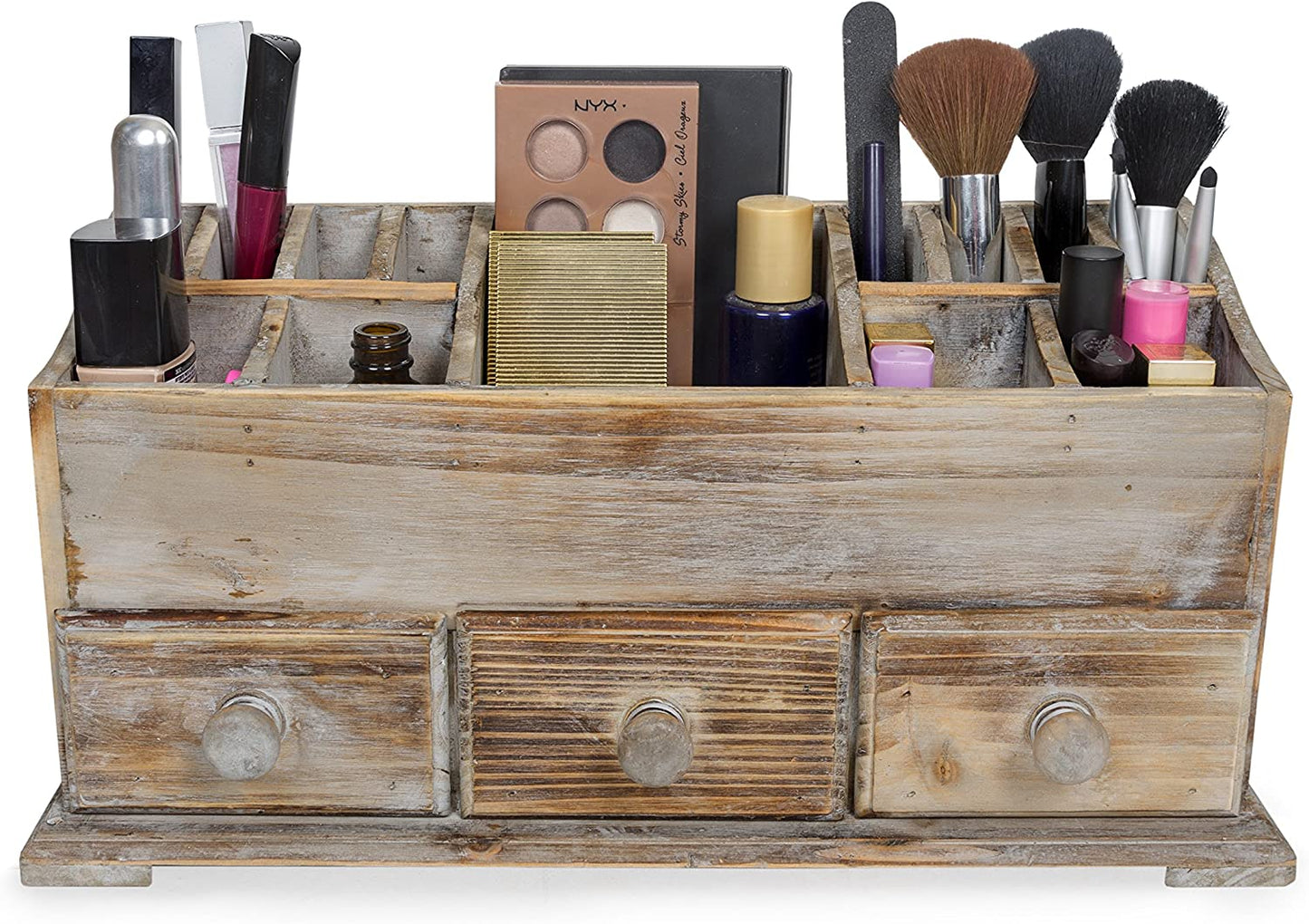 Vanity Drawer Beauty Organizer 3 Drawers - Wooden Cosmetic Storage Box for Neat & Organize Storing of Makeup Tools, Small Accessories at Home & Office Vanities & Bathroom Counter-Top (Rustic)