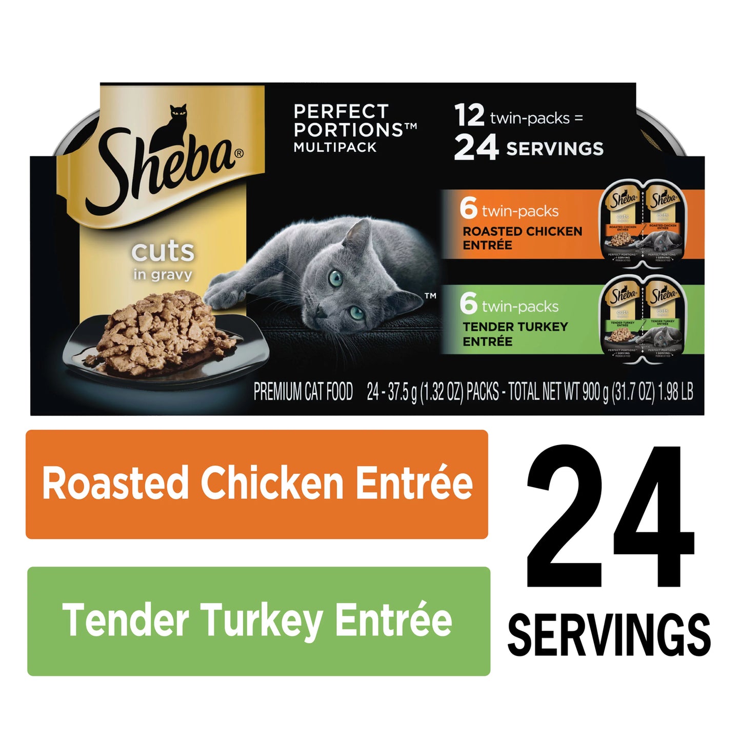 SHEBA Wet Cat Food Cuts in Gravy Variety Pack, Roasted Chicken Entree and Tender Turkey Entree, 2.6 Oz. PERFECT PORTIONS Twin-Pack Trays