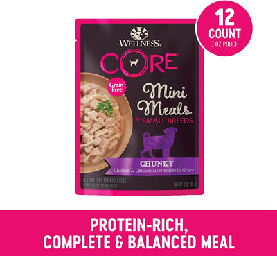 Wellness CORE Natural Grain Free Small Breed Mini Meals Wet Dog Food, Chunky Chicken & Chicken Liver Entrée in Gravy, 3-Ounce Pouch (Pack of 12)