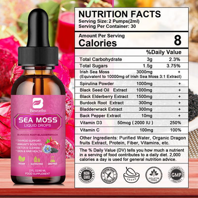 Beworths 3000Mg Sea Moss Liquid Drops - Black Seed Oil & Irish Sea Moss Gel with Burdock Root Bladderwrack, Elderberry - Immunity Booster, Digestive Health - 60Ml
