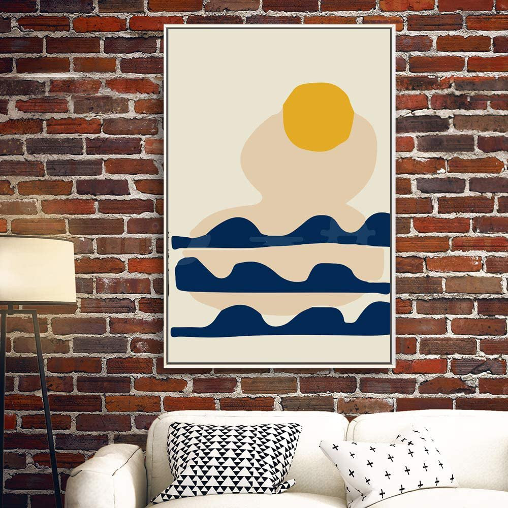 IDEA4WALL Stretched Framed Canvas Print Wall Art Yellow Sun over Abstract Blue Waves Geometric Patterns Illustrations Modern Art Ultra for Living Room, Family Bedroom, Office - 24"X36" Hang